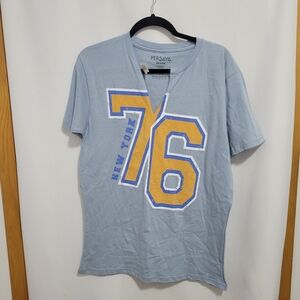 Persaya Light Blue S/S Distressed Tee with Yellow 'New York 76' Graphic, M, NEW